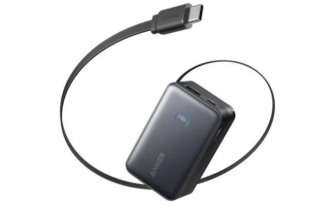 Anker Nano Power Bank, 10,000mAh Portable Charger with 2.3 ft InstaCord Retractable Cable, 45W Max Compact Battery Pack, Smart Display, for iPhone 16 Series, iPad, Galaxy, Pixel, and More - Black